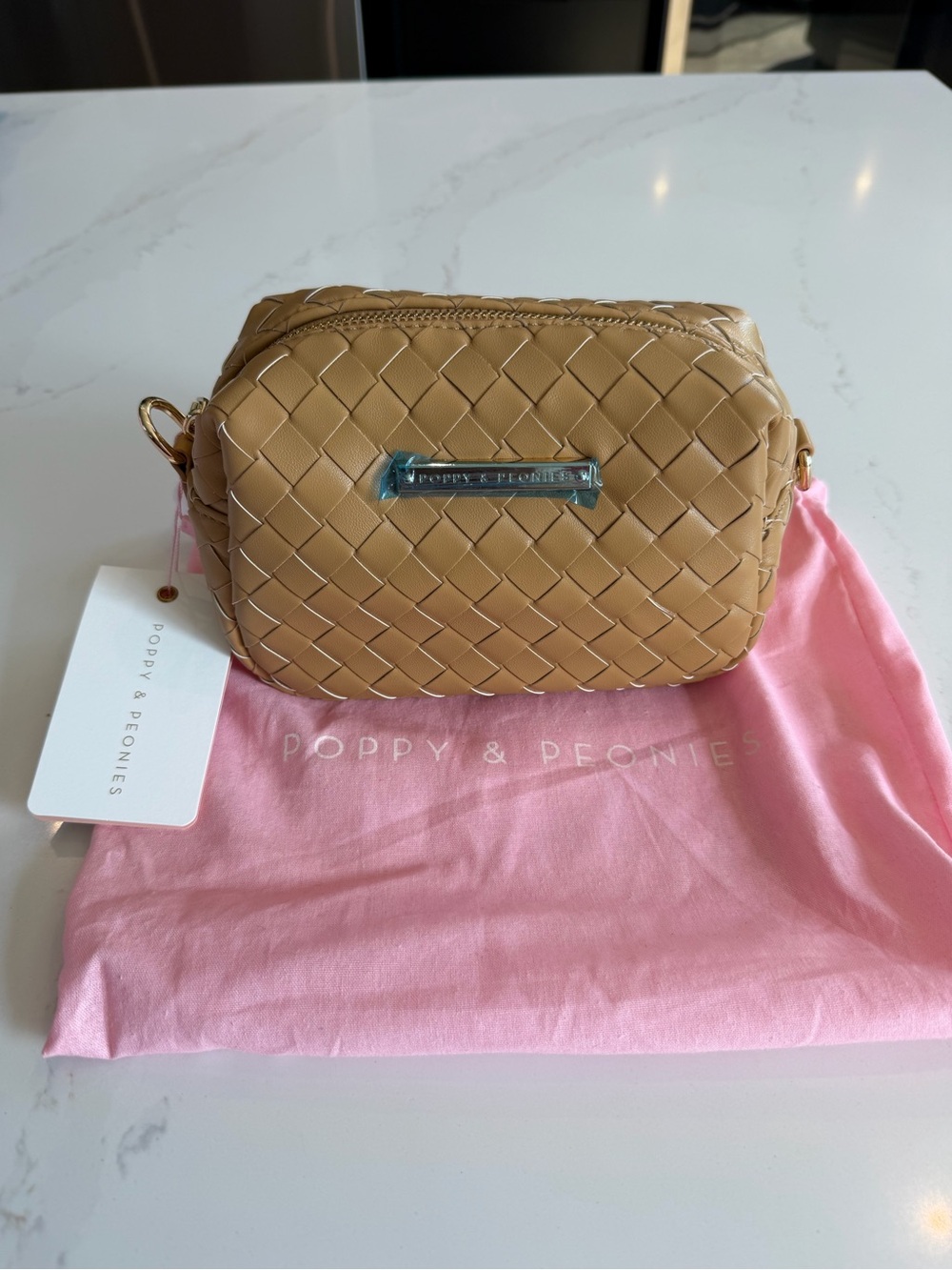 Poppy & Peonies Tan Woven Crossbody Bag